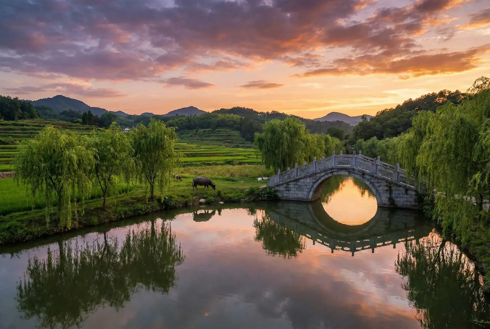 夕阳下的石拱桥与垂柳，水牛在河边吃草 - 好妈妈在线观看完整版 乡村美景